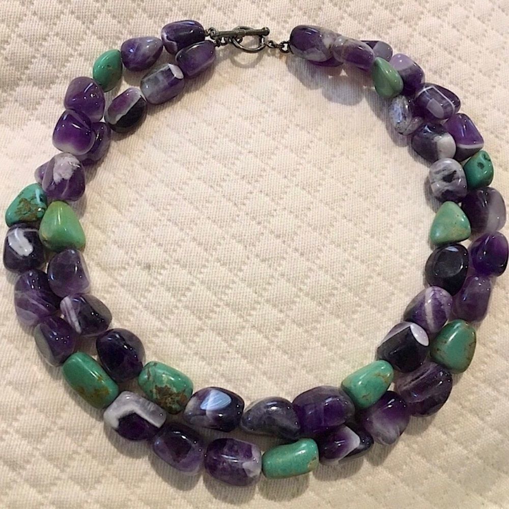 VINTAGE Amethyst and Turquoise Double Strand Sterling Silver Necklace
